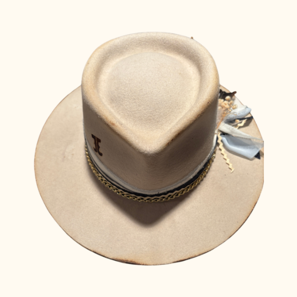 custom beige rancher fedora cowboy hat with decorative band and bow