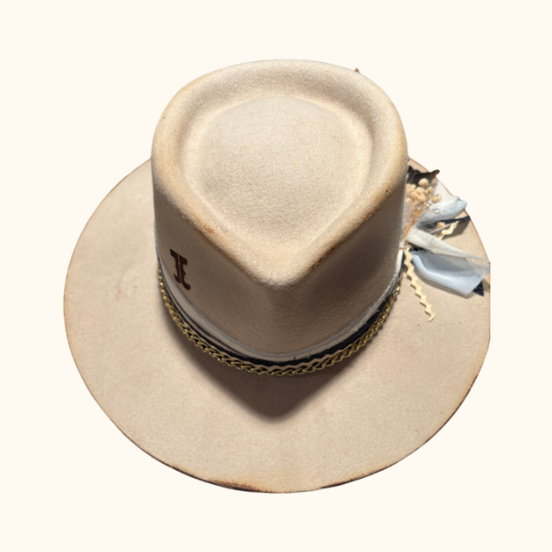 custom beige rancher fedora cowboy hat with decorative band and bow